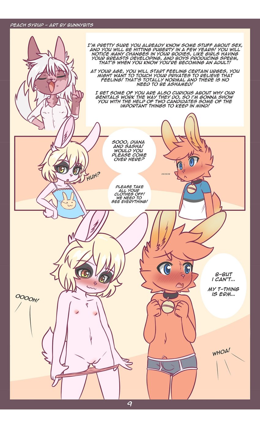 2019 absurd_res anthro bell bell_collar blue_eyes blush bunnybits clothing collar comic digital_media_(artwork) female fur group hair hi_res lagomorph leporid male mammal nipples rabbit sasha_(bunnybits) student teacher teacher_and_student trio underwear young