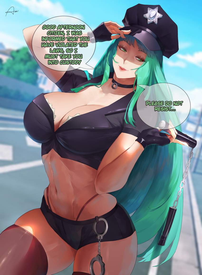 1female 1girls 2d absurd_res absurdres araneesama baton big_ass big_breasts big_butt black_choker blurry_background breasts capcom choker cleavage clothing darkstalkers dialogue english english_text female fingerless_gloves gloves green_eyes green_hair handcuffs holding_hat large_breasts long_hair looking_at_viewer midriff morrigan_aensland navel nunchaku police_hat police_uniform policewoman revealing_clothes short_shorts shorts skindentation smile solo stockings succubus text_bubble thick_thighs thighhighs thighs thong thong_above_shorts thong_straps