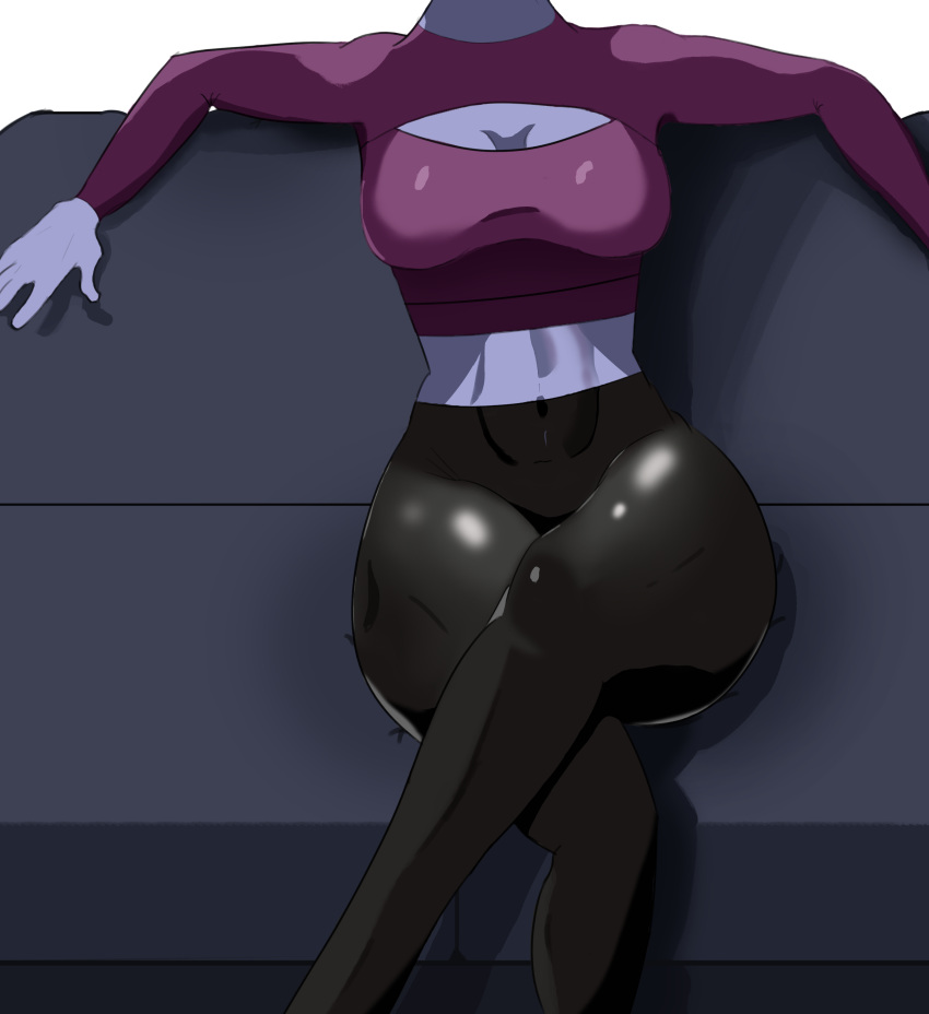 1girls 2d arms_spread artist_upload black_legwear blizzard_entertainment boob_window couch crossed_legs erevos female_focus female_only leggings no_penetration overwatch overwatch_2 purple_clothing purple_skin self_upload sitting sitting_on_couch solo_female sportswear widowmaker yoga_pants