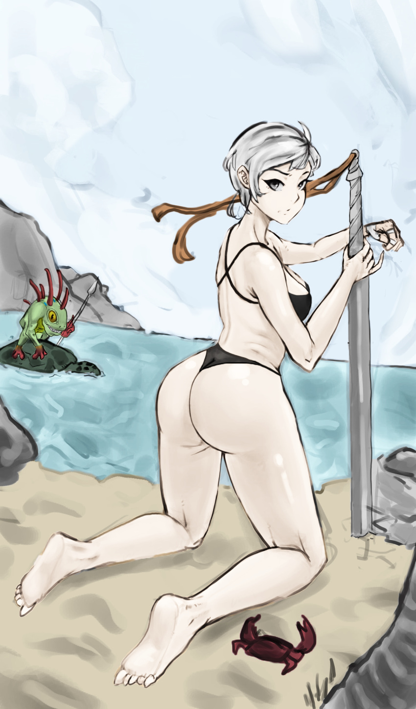 bathing_suit beach bikini elsie_westenra human kneeling murloc sword white_hair world_of_warcraft