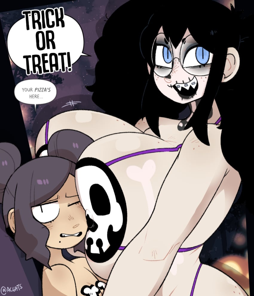 2d alternate_version_available between_breasts big_breasts bikini boss_(gats) braces breast_in_face dialogue double_bun english_text face_between_breasts for_some_reason_chatgpt_doesn't_consider_this_inappropriate gats glasses halloween night pizza_thot sharp_teeth skeleton squeezing_breast tips_(gats) twintails