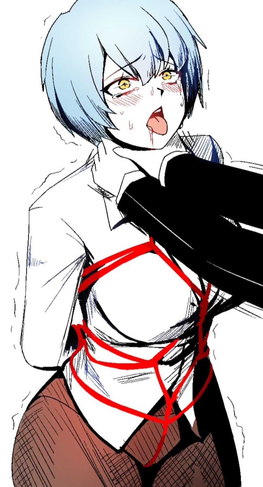 1boy 1girls angela_(library_of_ruina) angela_(lobotomy_corporation) blue_hair blush bondage breasts choked choking crying crying_with_eyes_open fully_clothed library_of_ruina project_moon roland short_hair strangling tagme tears tjaro