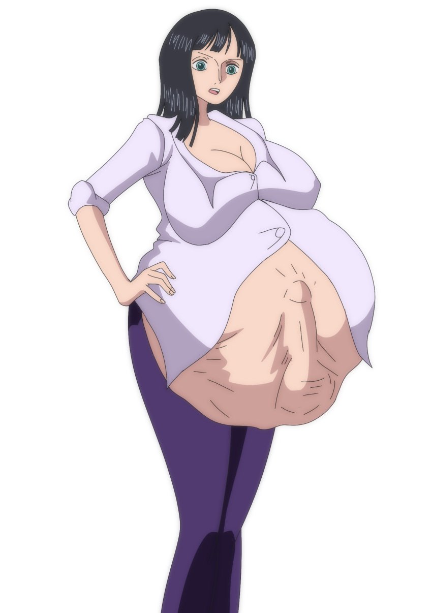 1boy 1girls angeltsunakappa anime belly belly_bulge big_belly big_belly_bulge big_breasts breasts button_up_shirt erect_penis erection female female_pred male male_prey nico_robin one_piece oral_vore penis_bulge pre-timeskip same_size_vore shocked shocked_expression soft_vore vore vore_belly