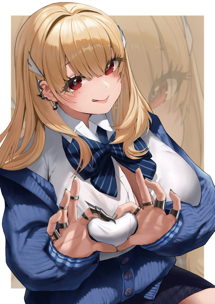 2d absurdres blonde_hair blue_bow blue_bowtie blue_jacket blush bow bowtie breasts button_gap claw_ring cleavage closed_mouth collared_shirt female goddess_of_victory:_nikke hair_intakes hair_ornament hands_on_own_chest heart heart-shaped_boob_challenge heart_hands highres huge_breasts jacket jewelry lips long_hair looking_at_viewer multiple_rings o_o_k_i_n_a off_shoulder puffy_sleeves red_eyes ring shirt sitting sleeves_past_wrists smile solo tia_(nikke) tongue tongue_out white_background white_shirt zoom_layer