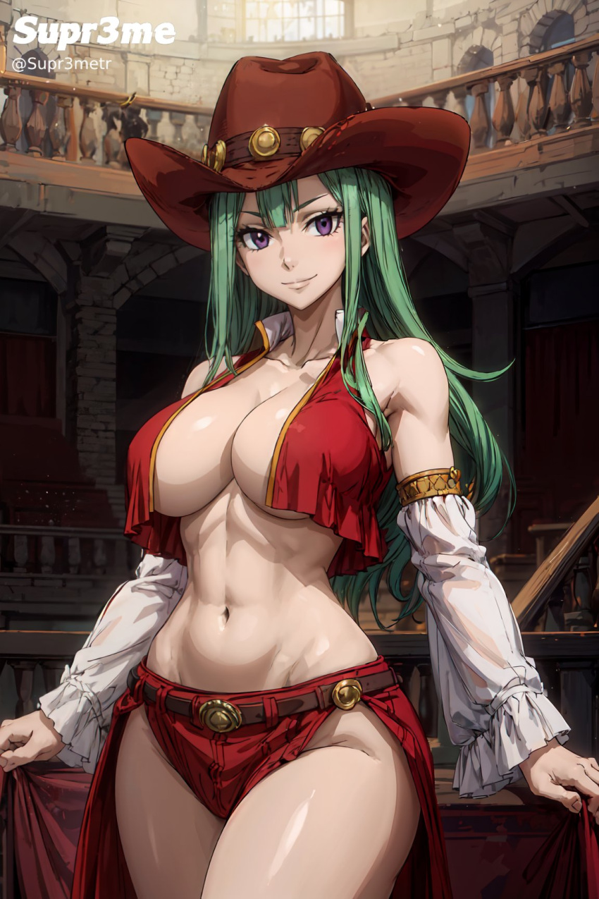 1girls ai_generated big_breasts bisca_connell cleavage cowboy_hat cowboy_shot fairy_tail female female female_only green_hair hat long_hair looking_at_viewer navel purple_eyes small_waist solo solo_female supr3metr wide_hips