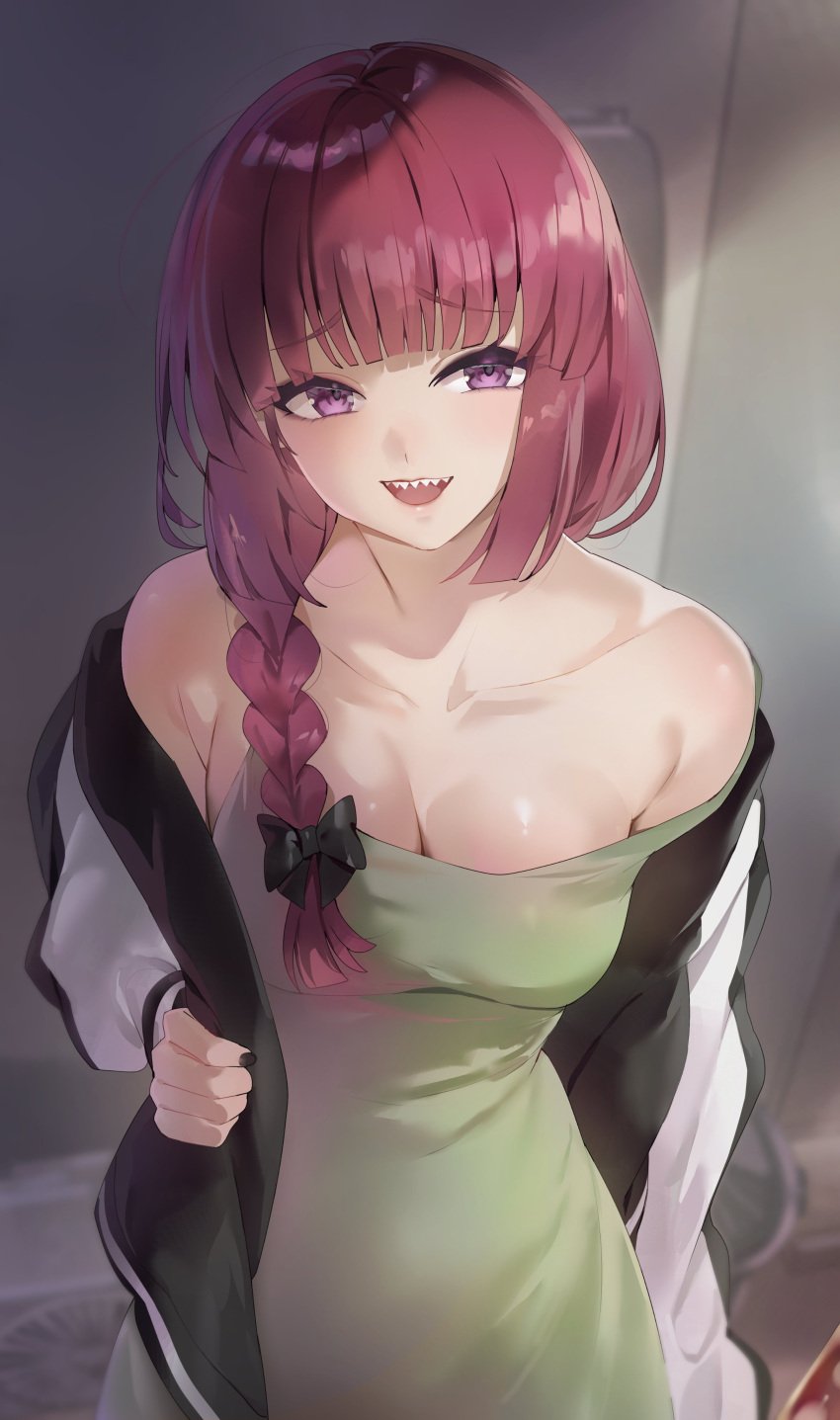 1girls 2d artist_request bare_shoulders big_breasts bocchi_the_rock! braid braided_hair braided_ponytail breasts busty cleavage clothed curves curvy female female_only fully_clothed hiroi_kikuri kanniiepan large_breasts light-skinned_female light_skin open_mouth panpanirene purple_eyes purple_hair revealing_clothes shark_teeth sharp_teeth tagme_(artist) wine_colored_hair