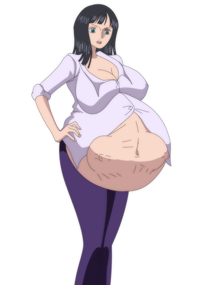 2girls angeltsunakappa anime belly belly_bulge belly_button big_belly big_belly_bulge big_breasts breast_imprints breasts button_up_shirt female female_only female_pred female_prey multiple_girls nico_robin one_piece oral_vore pre-timeskip same_size_vore shocked shocked_expression soft_vore vore vore_belly