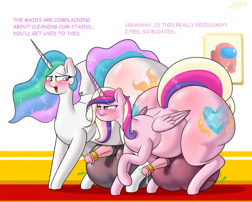 2023 absurd_res alicorn anatomically_correct anatomically_correct_genitalia anatomically_correct_penis animal_genitalia animal_penis ass balls big_balls big_butt blush blushing_profusely bodily_fluids body_blush both_cutie_marks bottom_heavy butt_blush cdrspark cum cum_denial darkened_balls darkened_genitalia dated denied_cumming denied_orgasm dialogue duo english_text equid equine equine_genitalia equine_penis female female/female feral friendship_is_magic futa_only futanari genital_fluids genitals hasbro hi_res horn horse huge_balls huge_butt hyper hyper_balls hyper_butt hyper_genitalia leaking_cum mammal my_little_pony orgasm_denial penis pent_up pink_penis pony princess_cadance_(mlp) princess_celestia_(mlp) signature size_difference text thick_thighs vein veiny_balls wings