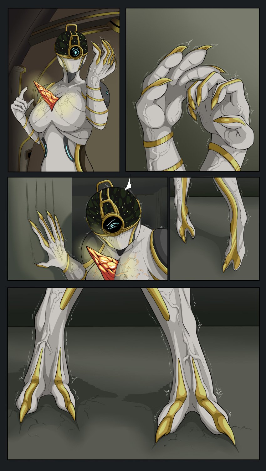 1futa 2023 arm_growth balls breasts claws clothed clothing comic fully_clothed futa_only futanari futanari_transformation grey_body humanoid leg_growth mag_(warframe) pained_expression penis possession prime_warframe solo species_transformation standing tacticoolmofo transformation transformation_sequence veins warframe