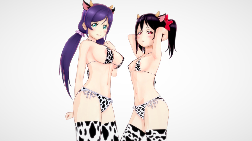 2girls 3d areola_slip cow_print female_only koikatsu large_breasts love_live! mike_oxlong self_upload small_breasts thighhighs toujou_nozomi yazawa_nico