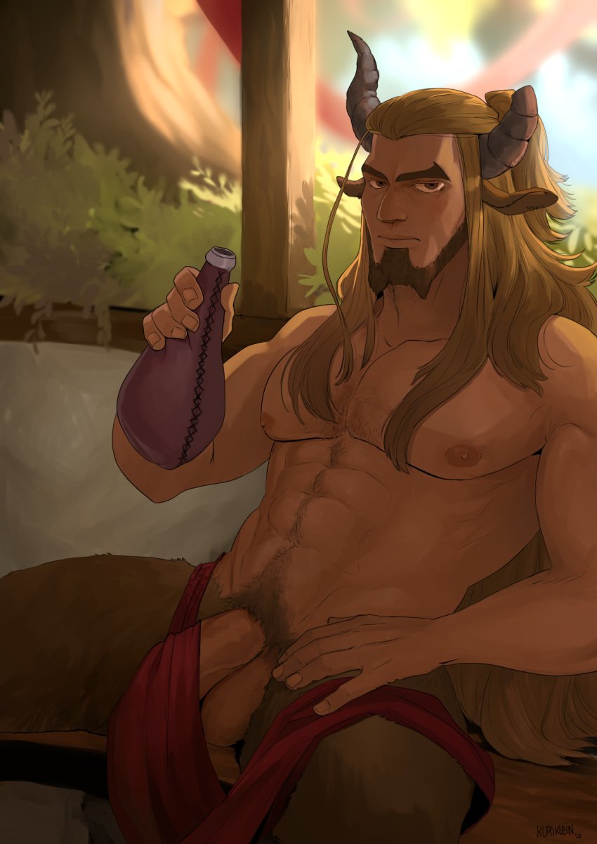 1boy 2023 balls bara bara_tits barazoku beard big_balls big_penis facial_hair flaccid gay hairy hairy_chest hi_res highres horns humanoid kupo_klein looking_at_viewer male male_focus male_nipples male_only male_pubic_hair manly muscular_male nipples nude penis satyr solo solo_male yaoi