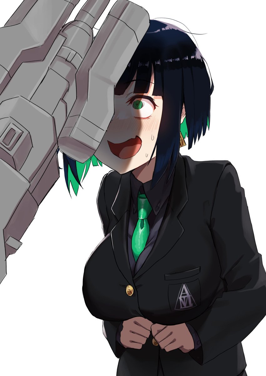 1girls 1k24x4zvlcl 2d @_@ allmind_(armored_core_6) armored_core armored_core_6 big_breasts black_hair breasts female fromsoftware green_eyes green_hair multicolored_hair short_hair simple_background suit sweatdrop sweating white_background