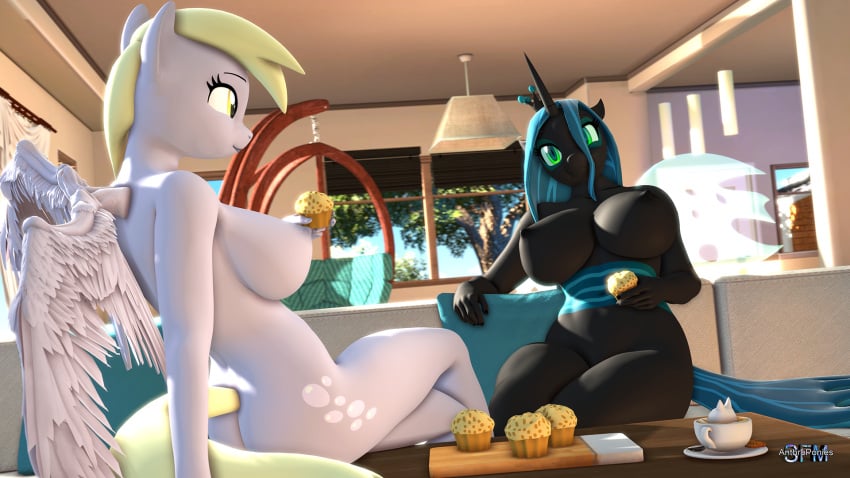 2girls 3d_(artwork) anthro anthroponiessfm beverage big_breasts black_body blonde_hair blue_hair breasts changeling coffee crown cup cutie_mark derpy_hooves digital_media_(artwork) duo equid equine eyeshadow female food friendship_is_magic green_eyes green_eyeshadow grey_body hair hasbro hi_res horn huge_breasts insect_wings makeup mammal muffin my_little_pony pegasus pillow queen_chrysalis_(mlp) sitting smile source_filmmaker wings yellow_eyes