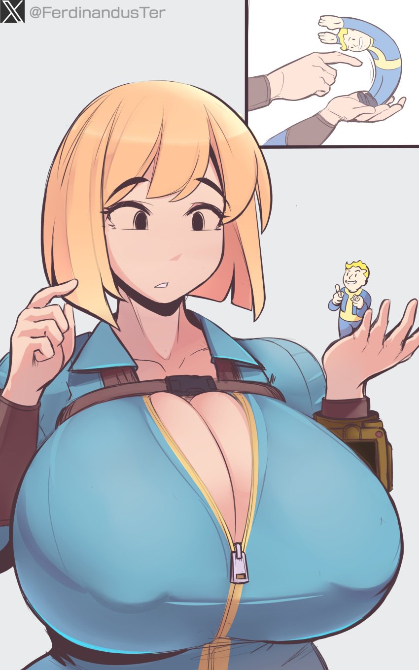 1boy1girl 2023 2d 2d_(artwork) 5_fingers :o belt belt_around_boobs bethesda_softworks big_breasts blonde_hair blue_bodysuit blue_jumpsuit bodysuit boob_window breast_belt breasts cleavage curvaceous curvy fallout female female_focus ferdinandus hi_res highres huge_breasts jumpsuit large_breasts larger_female leather leather_belt light-skinned_female light_skin mob_face nipple_bulge no_bra pip-boy short_hair top_heavy unzipped unzipped_bodysuit vault_boy vault_dweller vault_girl vault_suit zipper zipper_down zipper_pull_tab