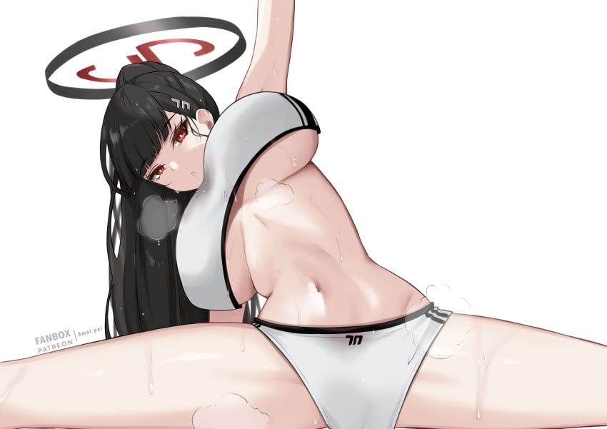 :o absurdres amai-pai arm_up black_hair blue_archive blunt_bangs breasts bright_pupils fanbox_username female groin halo highres huge_breasts looking_at_viewer millennium_science_school_student navel panties patreon_username ponytail red_eyes rio_(blue_archive) simple_background sitting solo sports_bra sportswear spread_legs stretching sweat thighs underboob undersized_clothes underwear white_background