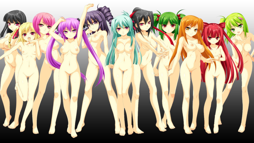 beatmania beatmania_iidx breasts character_request feet green_hair kinoshita_ichi legs multiple_girls no_pussy nude photoshop purple_hair simple_background tagme video_games