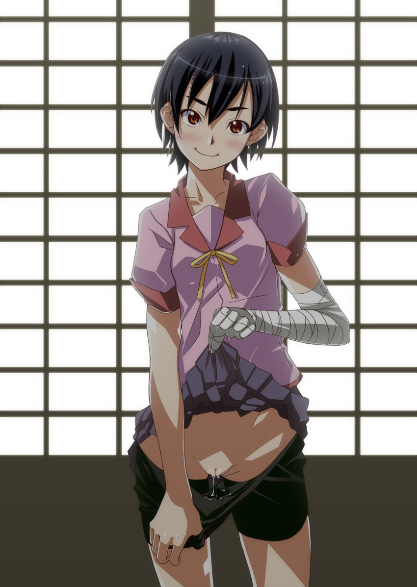 androgynous bakemonogatari bandage bandaged_hand bandages bike_shorts bike_shorts_pull decensored female highres kanbaru_suruga monogatari_(series) presenting pussy pussy_juice pussy_juice_trail short_hair skirt skirt_lift smile solo spats tomboy uncensored yada_ei