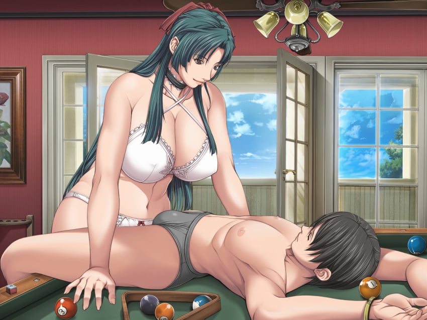 1boy 1futa balls black_hair bra breasts bulge cleavage closed_eyes cuffed empress empress_(studio) futa_on_male futadom futanari game_cg green_hair grey_underwear human intersex large_breasts long_hair male malesub mamiya_marika navel panties pool_table sei_shoujo spread_legs starless testicles tied_hands underwear white_bra white_panties