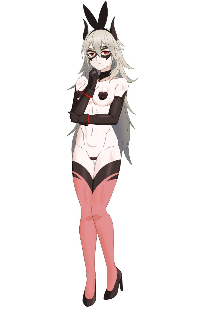 1girls alternate_costume arm_under_breasts bare_midriff bare_thighs breasts bunny_ears bunny_girl bunnysuit female female_only fire_emblem fire_emblem_heroes full_body grey_hair hair_between_eyes hand_on_own_chin high_heels horns inner_thighs long_hair looking_at_viewer maebari mask mature mature_female medium_breasts midriff nintendo pasties red_eyes reverse_bunnysuit reverse_outfit shinsaku_2019 thighhighs thighs thinking thrasir_(fire_emblem) very_long_hair white_background