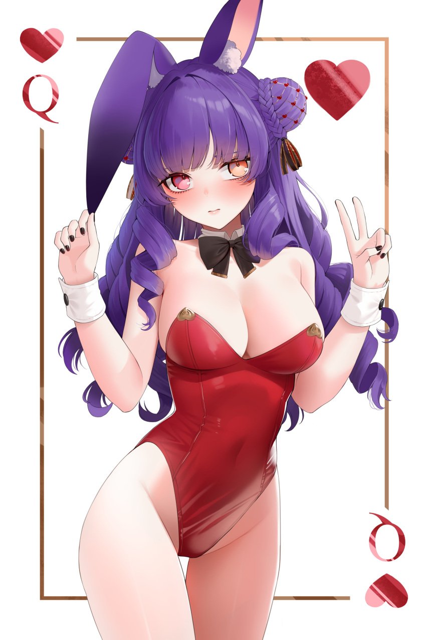 1girls animal_ears bare_shoulders bare_thighs big_breasts black_nails blush blushing bowtie bowtie_collar braid braided_bun braided_hair bunny_girl bunnysuit cleavage detached_collar detached_sleeves double_bun exposed_shoulders fluffy_ears hair_bun heterochromia hi_res highres indie_virtual_youtuber large_breasts maddie_(vtuber) nail_polish one_ear_down peace_sign purple_hair queen_of_hearts rabbit_ears rabbit_girl solo solo_female solo_focus thighs twin_buns vaughnilla virtual_youtuber