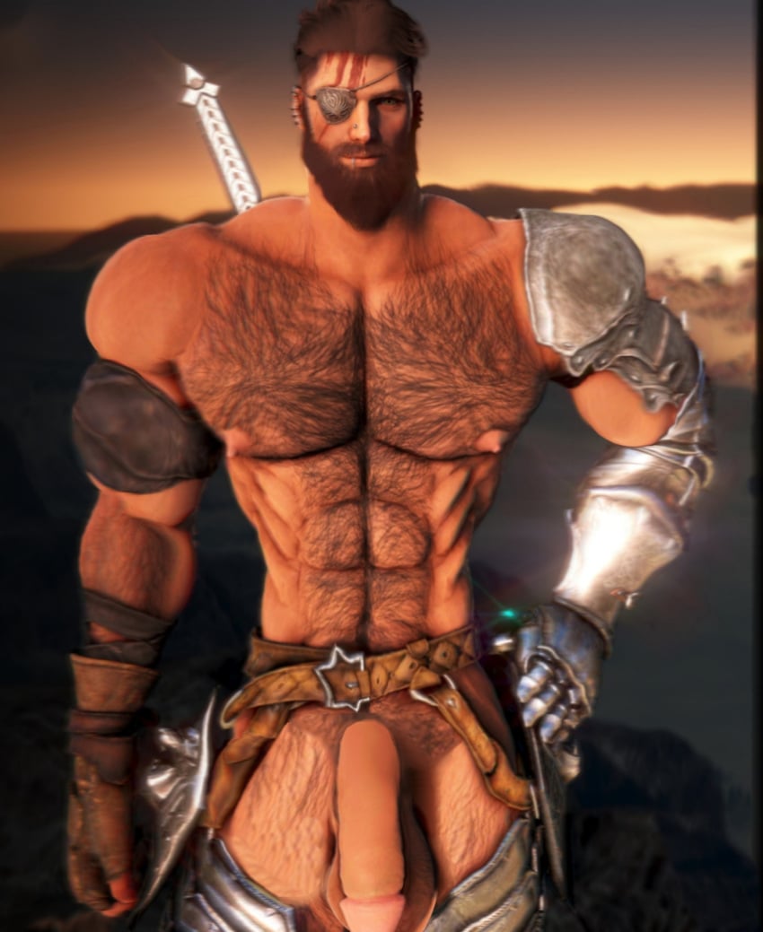 1boy beard big_balls big_penis black_desert_online buff circumcised eye_patch flaccid giant_penis hairy male male_only modded muscles tan_body warrior_(black_desert)