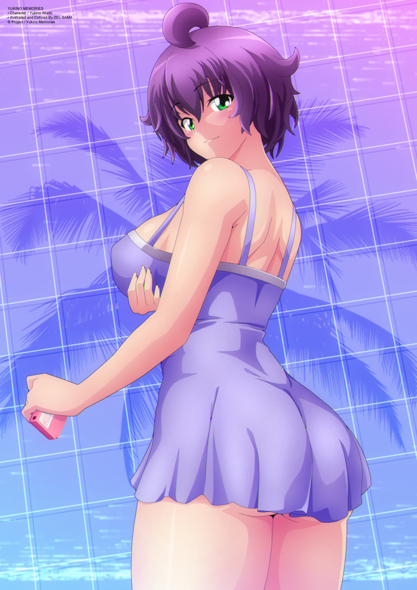 2d ass blush breasts dress female female_only from_behind game_cartridge green_eyes looking_at_viewer looking_back purple_hair short_hair smile yukino_akaihi yukino_memories zel-sama