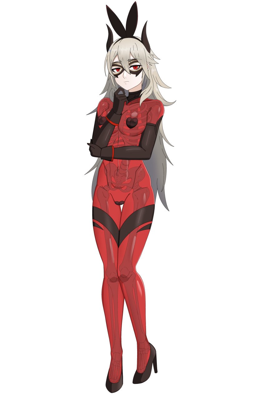 1girls alternate_costume arm_under_breasts bare_legs bare_midriff breasts bunny_ears bunny_girl bunnysuit female female_only fire_emblem fire_emblem_heroes full_body grey_hair hair_between_eyes hand_on_own_chin high_heels horns legs long_hair looking_at_viewer maebari mask mature mature_female medium_breasts midriff nintendo red_eyes reverse_bunnysuit reverse_outfit shinsaku_2019 skeleton thinking thrasir_(fire_emblem) transparent_body very_long_hair white_background