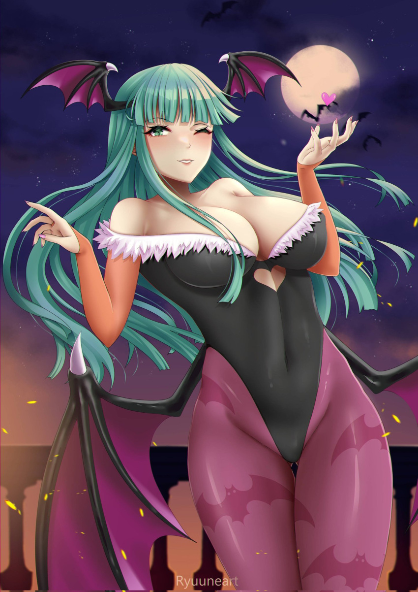 breasts clothing darkstalkers female female_only head_wings medium_breasts morrigan_aensland one_eye_closed ryuuneart solo succubus succubus_costume succubus_wings tagme