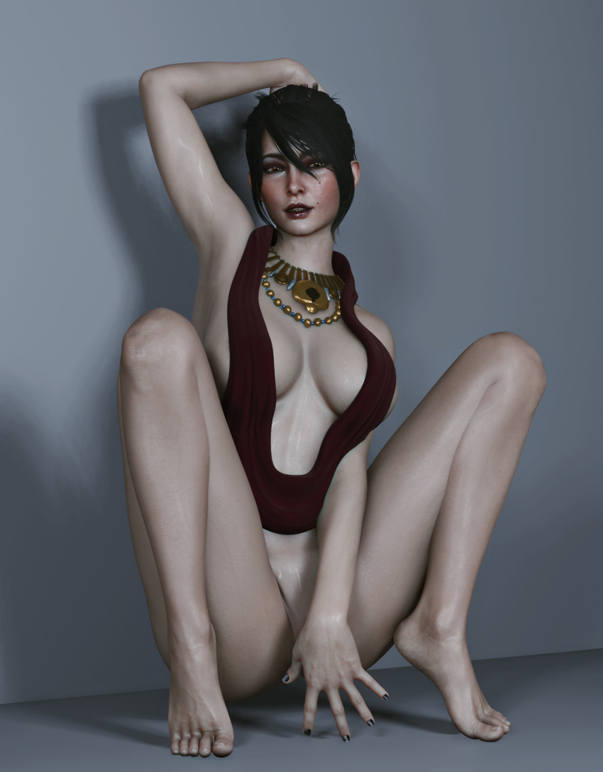 1girls 3d big_breasts bioware black_hair black_nails bottomless covering_crotch dragon_age feet female female_only kolas3d morrigan_(dragon_age) solo