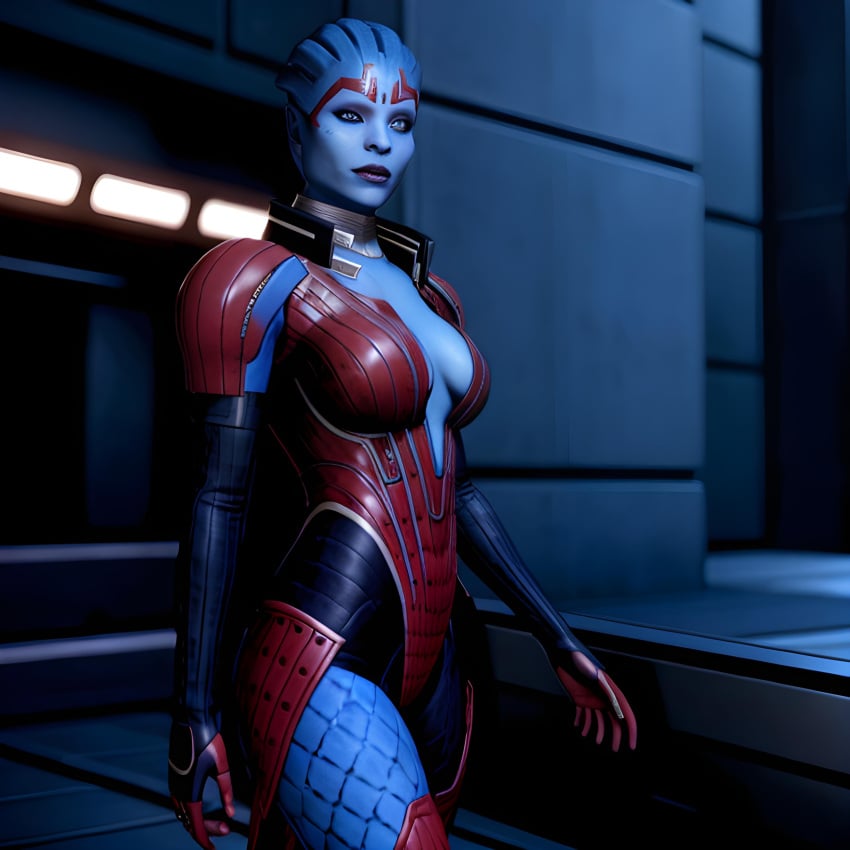 1girls ai_generated alien_female alien_girl blue_body clothed female female_only mass_effect samara solo tagme weirdguy564