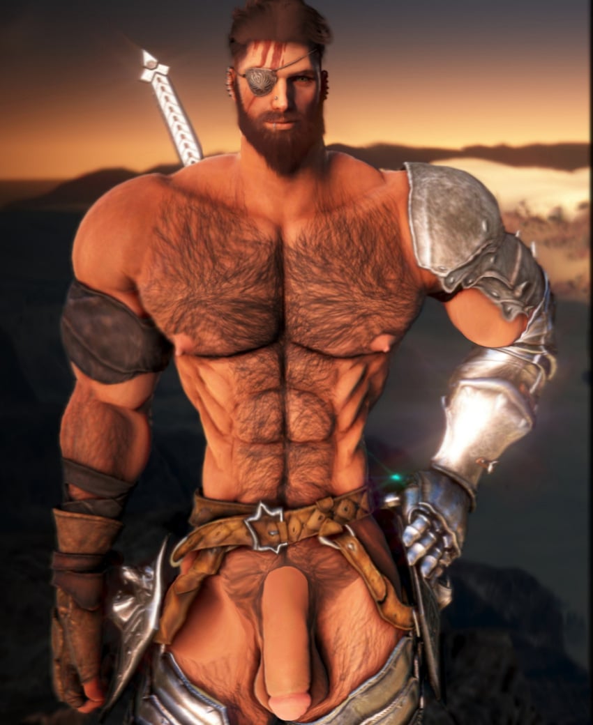 3d_model beard big_balls big_penis black_desert_online buff circumcised eye_patch flaccid giant_penis hairy male male_only modded muscles tan_body warrior_(black_desert)