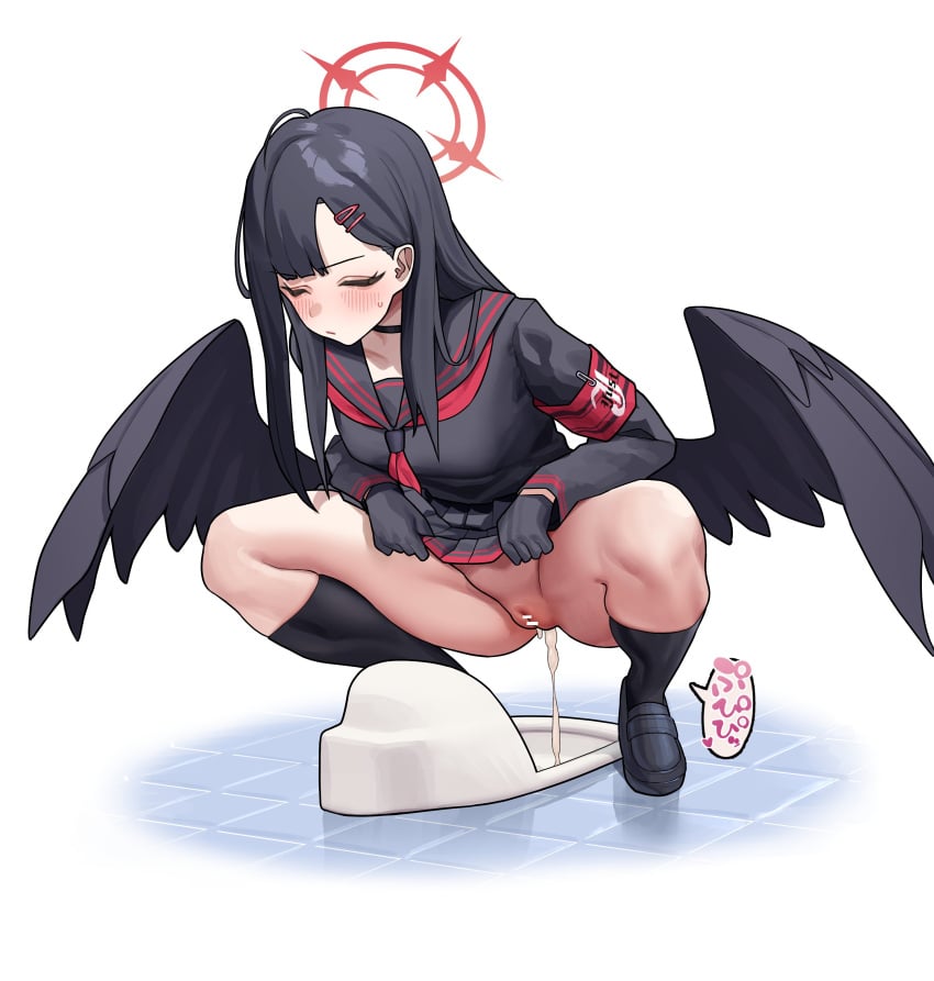 absurdres armband bar_censor black_choker black_gloves black_hair black_serafuku black_socks black_wings blue_archive blush censored choker closed_eyes clothes_lift collarbone cum cumdrip feathered_wings female gloves halo highres ichika_(blue_archive) justice_task_force_(blue_archive) lifted_by_self neckerchief no_pants pleated_skirt red_armband red_halo red_neckerchief school_uniform serafuku skirt skirt_lift socks solo spread_legs squat_toilet squatting sweatdrop tile_floor tiles trinity_general_school_student ushikani_kassen wings