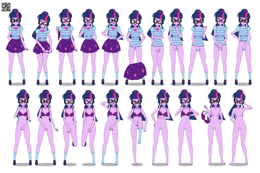 blush embarrassed embarrassed_nude_female equestria_girls friendship_is_magic glasses hasbro kisekae looking_at_viewer my_little_pony purple_skin qr_code sci-twi solo solo_female spnati sprite_sheet strip_poker_night_at_the_inventory stripping transparent_background undressing