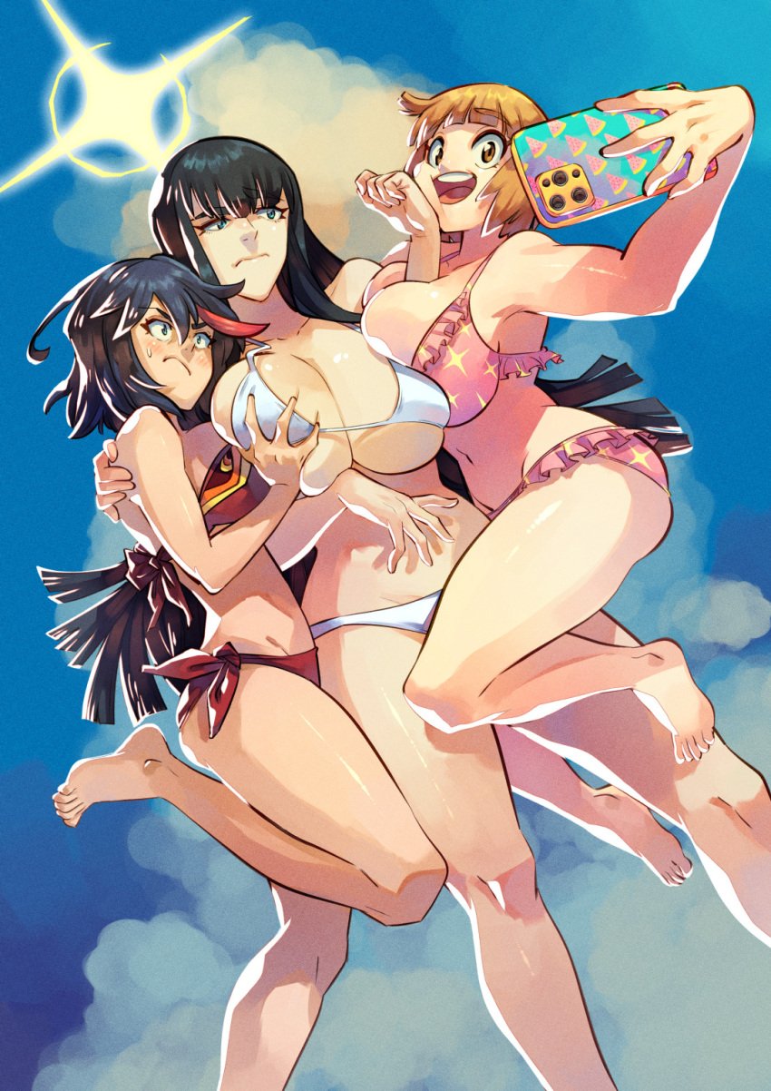 2023 3girls barefoot belly_button big_breasts bikini black_hair blue_eyes blush brown_eyes brown_hair cleavage eyebrows_visible_through_hair feet female female_only female_protagonist groping hi_res huge_breasts human implied_incest kill_la_kill kiryuuin_satsuki light-skinned_female long_hair mankanshoku_mako matoi_ryuuko phone pink_bikini rafchu red_bikini senketsu short_hair sisters smile taking_picture toes tomboy two_tone_hair underboob white_bikini