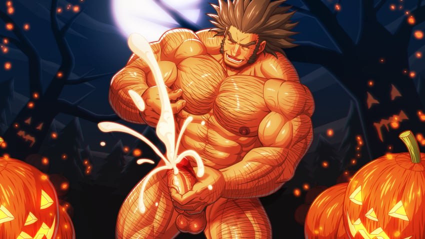 balls bara boner closed_eyes cum erection halloween hunter_x_hunter male male_only masturbation muscular nude orgasm penis solo solo_male spiky_hair uvogin zelo-lee