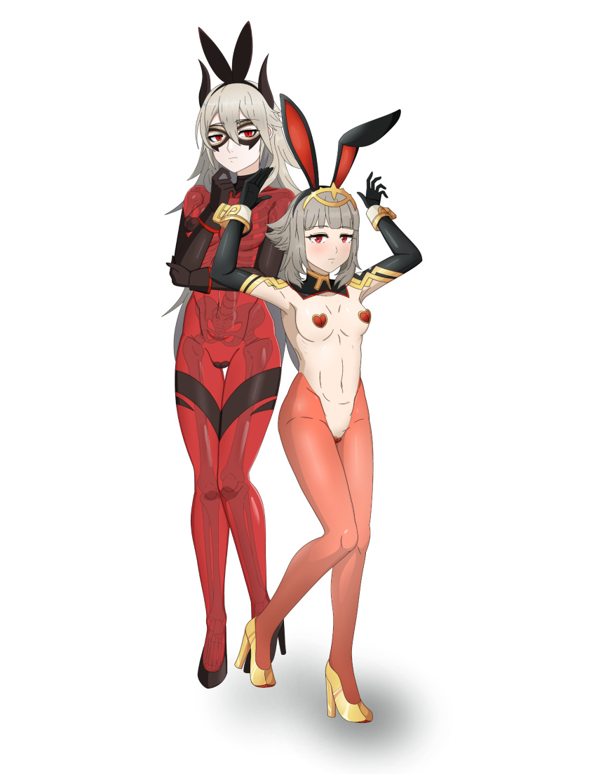 2girls alternate_costume alternate_hairstyle arm_under_breasts arms_up bangs bare_legs bare_midriff breasts bunny_ears bunny_girl bunnysuit elbow_gloves female female_only fire_emblem fire_emblem_heroes frown full_body gesture gloves grey_hair hair_between_eyes hand_on_own_chin high_heels horns legs long_hair looking_at_viewer maebari mask mature mature_female medium_breasts midriff multiple_girls nintendo official_alternate_hairstyle panties pantyhose pasties red_eyes reverse_bunnysuit reverse_outfit shinsaku_2019 short_hair skeleton thinking thrasir_(fire_emblem) transparent_body veronica_(fire_emblem) veronica_(princess_rising)_(fire_emblem) very_long_hair white_background