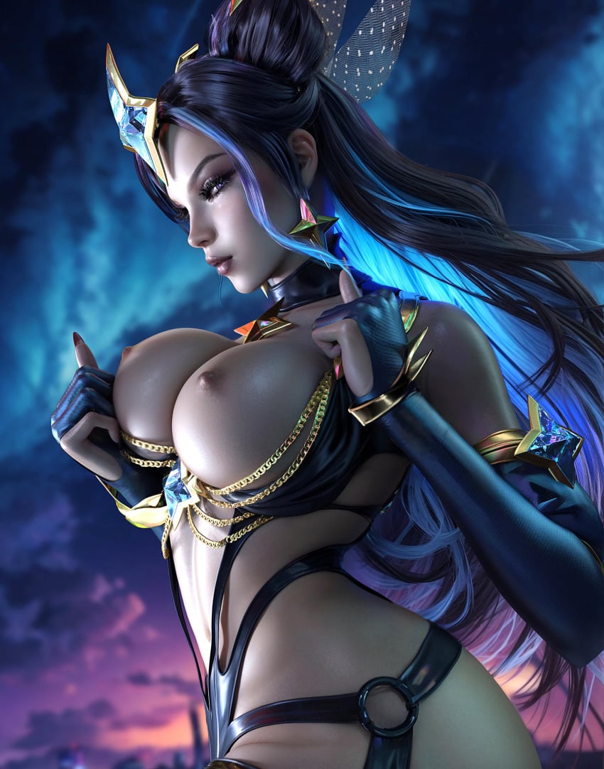 1girls 3d 3d_model breasts breasts_out earrings hair_ornament jewelry large_breasts league_of_legends long_hair makeup nipples prestige_skin sevenbees solo solo_focus star_guardian_series star_guardian_syndra_prestige_edition syndra