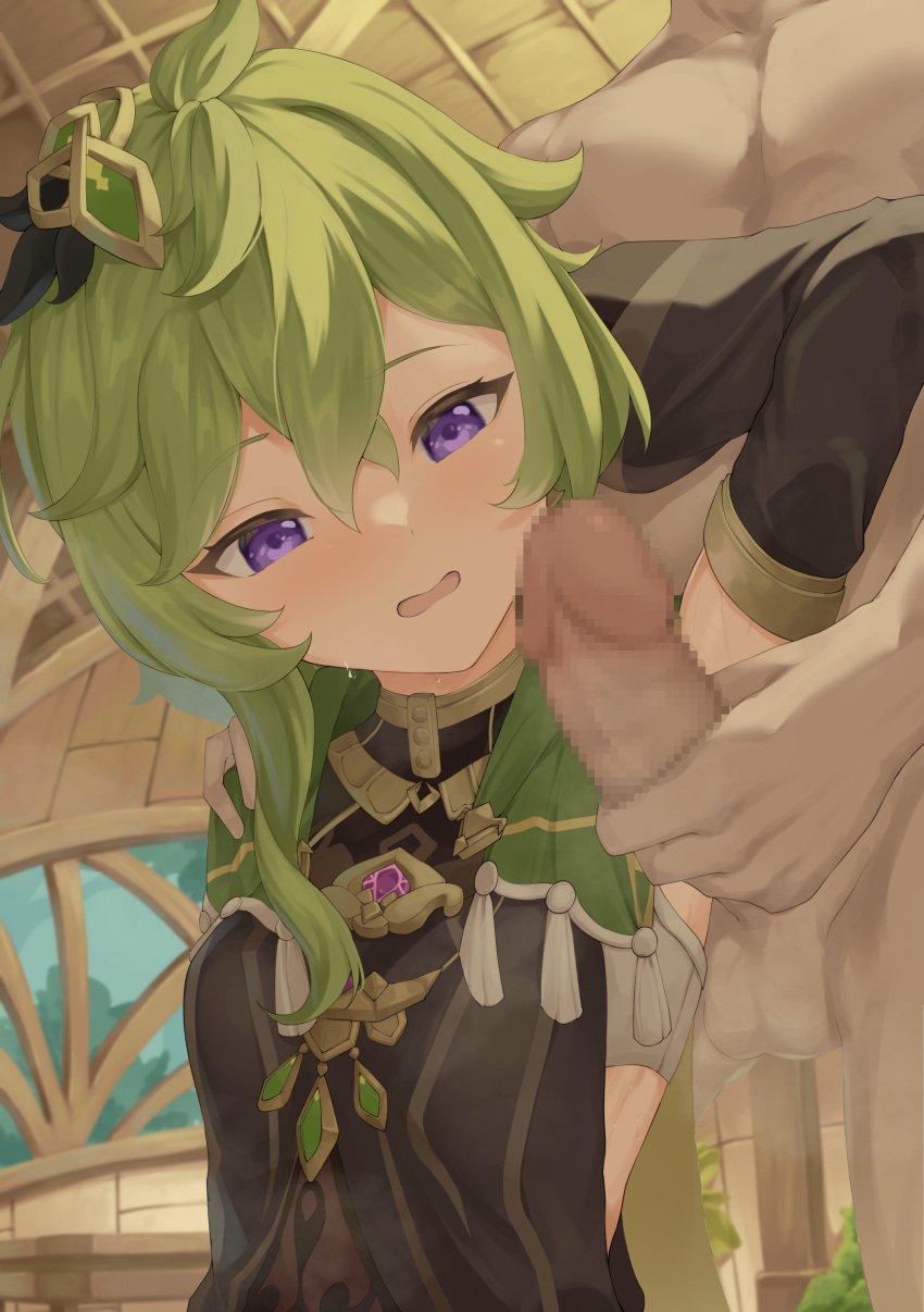 1boy absurdres arm_up armpit_sex armpits blush breasts cape censored clothed_female_nude_male collei_(genshin_impact) crossed_bangs dark-skinned_male dark_skin detached_sleeves earrings erection eyelashes female genshin_impact green_cape green_hair gueya hair_between_eyes hair_ornament hair_over_shoulder highres indoors jewelry long_hair long_sleeves looking_at_penis looking_down mosaic_censoring nude open_mouth paid_reward_available penis purple_eyes shoulder_cape sideless_outfit sidelocks sleeveless small_breasts solo_focus straight sweat sweatdrop testicles upper_body