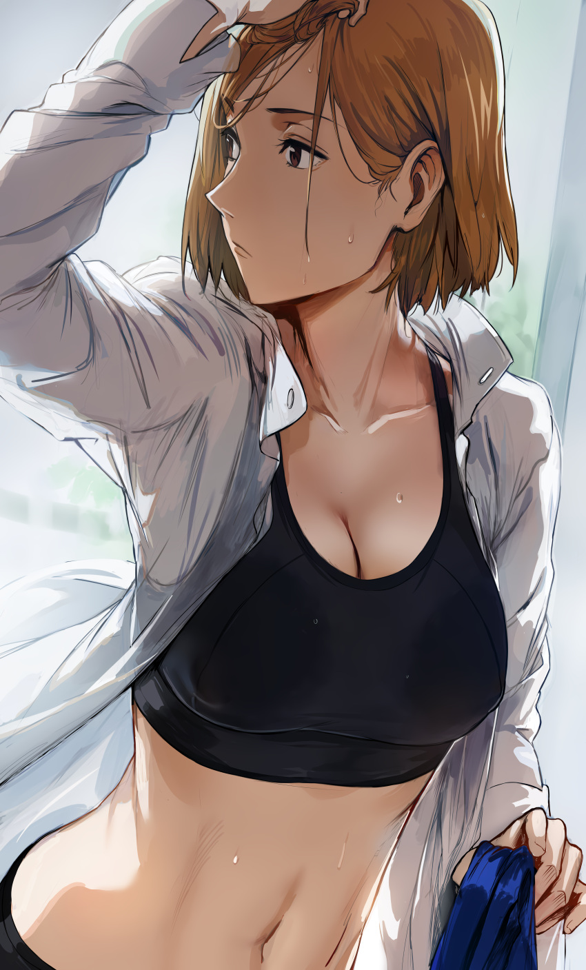 1girls 2d 2d_(artwork) arm_up black_sports_bra breasts brown_eyes brown_hair cleavage closed_mouth collarbone collared_shirt commentary covered_erect_nipples dress_shirt female female_only foreshortening hews_hack highres holding jujutsu_kaisen kugisaki_nobara large_breasts long_sleeves looking_away looking_to_the_side medium_breasts navel nostrils open_clothes open_shirt see-through shirt short_hair solo sports_bra sweat sweatdrop sweating upper_body wet wet_clothes white_shirt