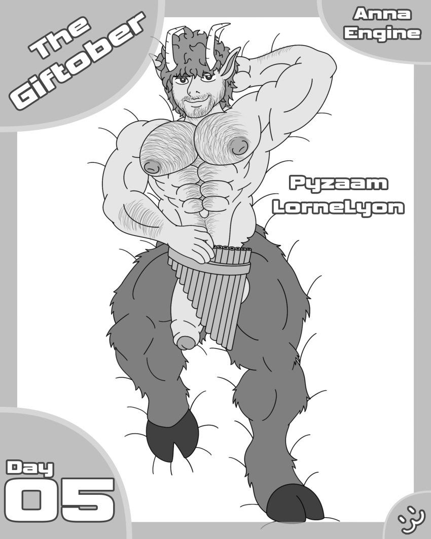 4:5 5_fingers abs absurd_res annaengine biceps body_hair border chest_hair curled_hair digital_drawing_(artwork) digital_media_(artwork) english_text eyebrows facial_hair feet fingers flaccid flute foreskin front_view fur genitals grey_border hair hairy hairy_arms hand_behind_head hi_res holding_object hooves horn horned_humanoid humanoid humanoid_genitalia humanoid_penis leg_tuft looking_at_viewer lying male male_only mammal monochrome monotone_body monotone_fur multicolored_body multicolored_fur muscular muscular_male musical_instrument navel nipples nude on_back partially_exposed_penis pecs penis portrait raised_arm satyr simple_background smile solo text tuft two_tone_body white_background wind_instrument woodwind_instrument