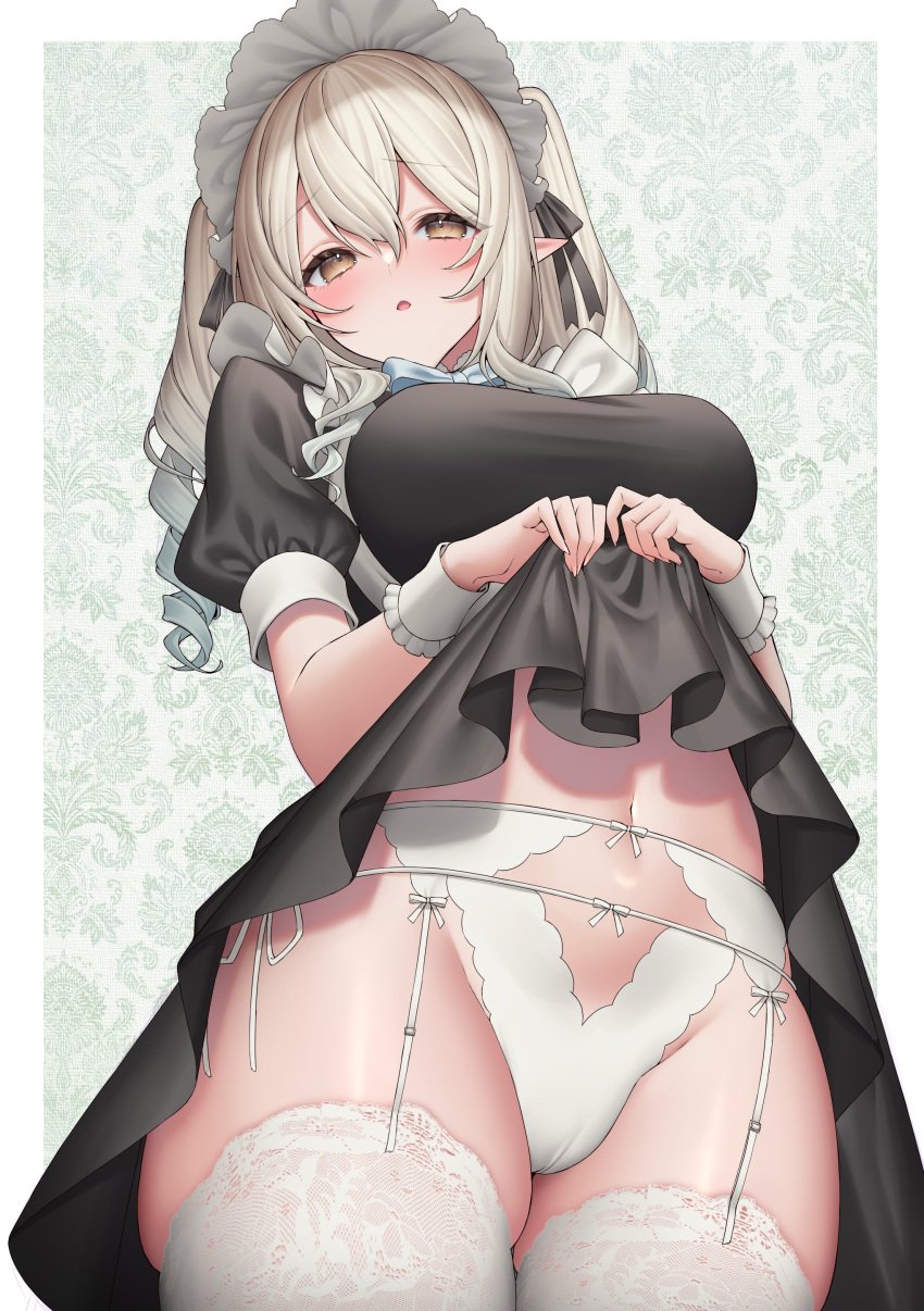 absurdres apron black_dress breasts brown_eyes cameltoe clothes_lift dress drill_hair elf female frilled_apron frills garter_belt garter_straps grey_hair highres large_breasts lifted_by_self maid maid_apron maid_headdress nanase_eru navel panties pointy_ears sakura_shiho solo thighhighs underwear varium virtual_youtuber white_apron white_panties white_thighhighs wrist_cuffs