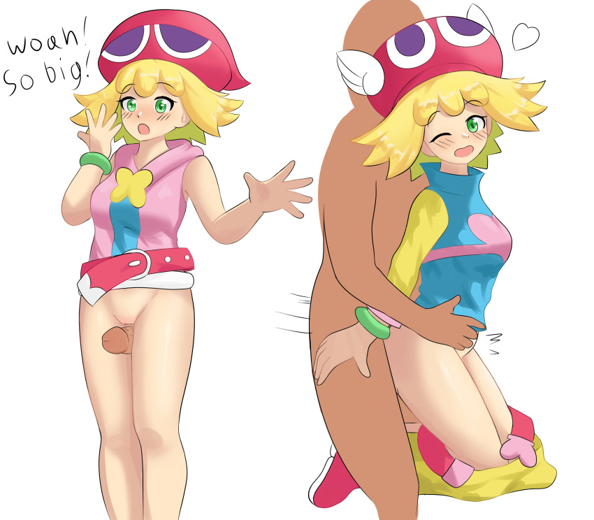 1boy 1girls 2d amitie bakudon belt blonde_hair blush bracelet breasts green_eyes hat heart looking_back medium_breasts pants_down penis pussy puyo_puyo puyo_puyo_fever sex sex_from_behind shirt short_hair thick_thighs thigh_sex thighs