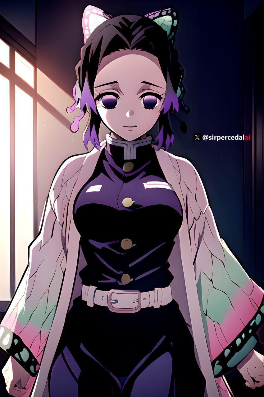 1girls 2d ai_generated blush breast demon_slayer ear female female_focus female_only kimetsu_no_yaiba kochou_shinobu looking_at_viewer no_sex pubic purple_eyes purple_hair s sirpercedalai