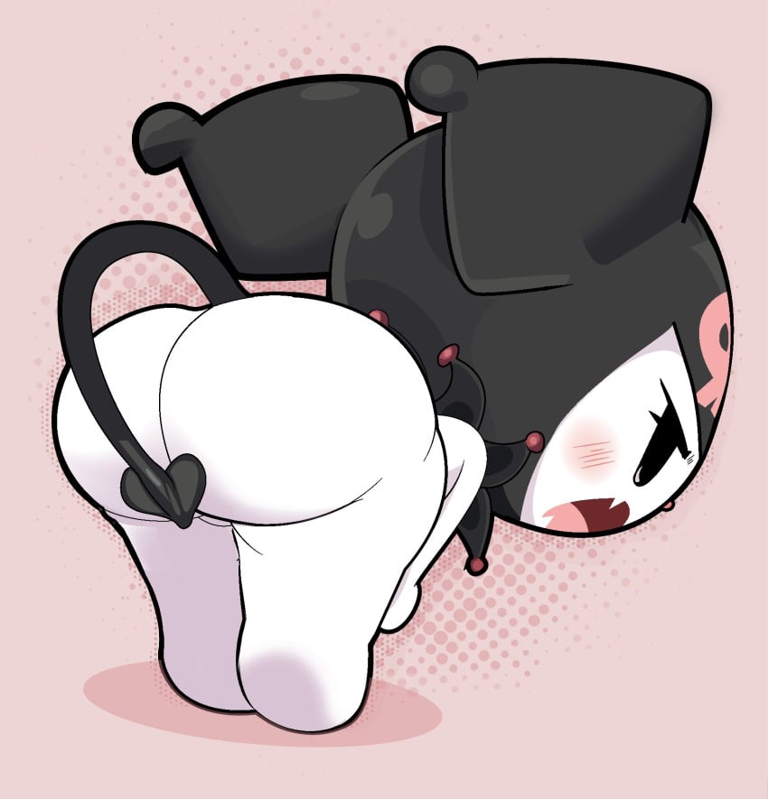 2023 anthro ass bent_over big_butt black_clothing black_eyes black_handwear clothing convenient_censorship covering covering_ass covering_crotch covering_self cute cute_face demon digital_media_(artwork) embarrassed fangs female female_only fur gosgoz handwear hi_res kuromi lagomorph leporid looking_back mammal onegai_my_melody open_mouth pink_nose rabbit sanrio simple_background soli_female solo spade_tail tail white_body white_fur