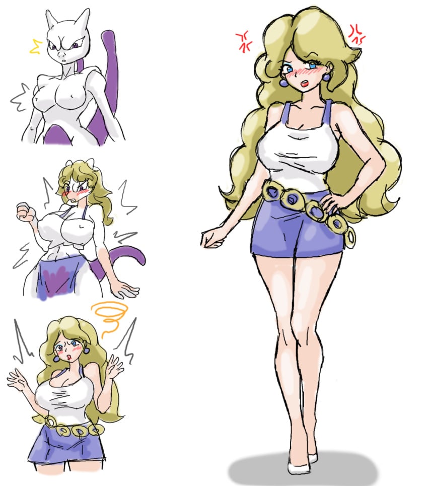 action_lines anger_symbol angry animal_transformation areolae ass_inflation belt big_breasts bimbo bimbofication blonde_hair blue_eyes blue_miniskirt blush blush blush_lines breast_inflation confused confusion ditzy earrings hair_growth high_heels hourglass_figure inflation iq_loss lipstick long_hair mewtwo miniskirt pearl_earrings pokemon pokemon_(species) purple_eyes red_lipstick sera-fuku skin_color_change species_transformation transformation wavy_hair white_topwear