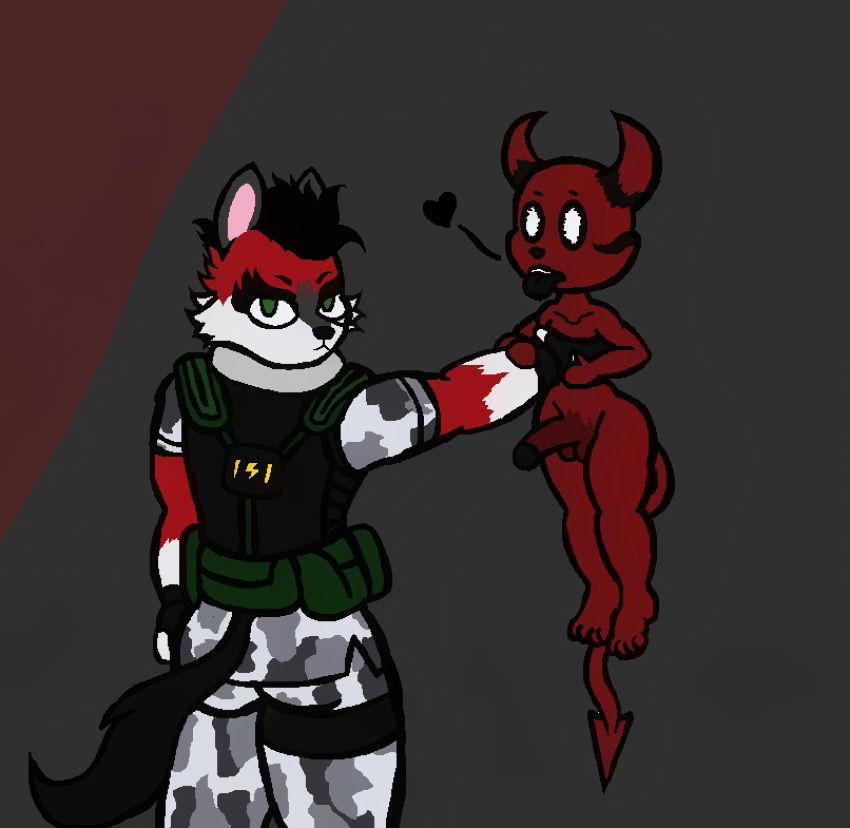 2boys 2d anthro demon erection grabbing heart imp impy looking_at_viewer male_only mike_okami military_uniform nude okami23_(artist) penis red_body red_fur serious_look shortstack size_difference tongue_out wolf