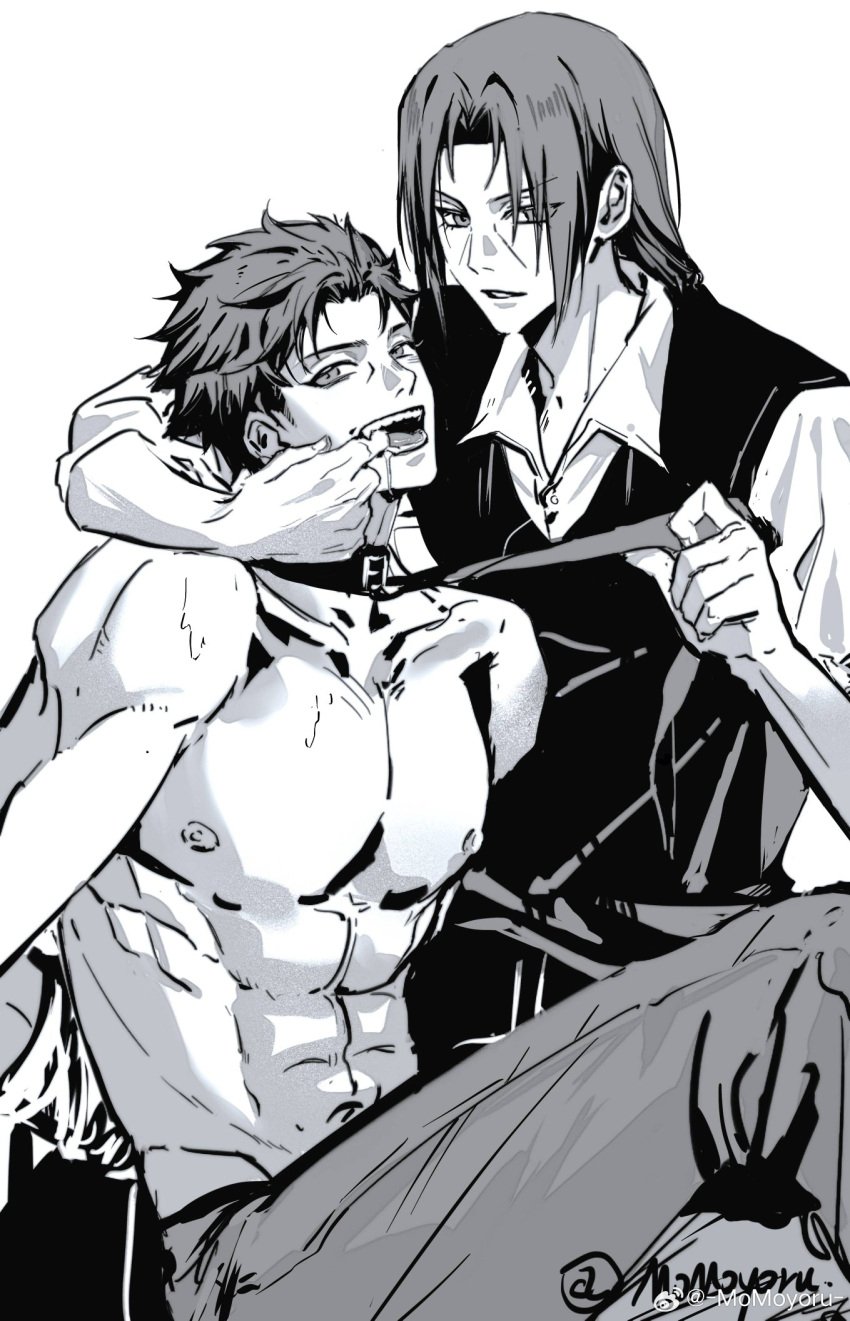 2boys abs drool drooling finger_in_another's_mouth finger_in_mouth gay leash leash_and_collar leash_pull male male/male male_only monochrome muscular_male naruto naruto_(series) naruto_shippuden open_mouth shirtless tagme_(artist) uchiha_itachi uchiha_shisui yaoi