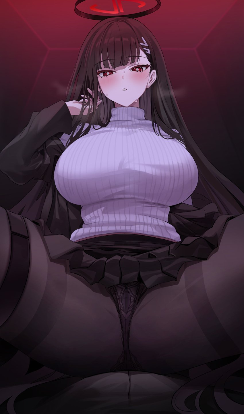 1boy absurdres black_hair black_leggings black_panties black_skirt blue_archive blush breasts cowgirl_position female halo hand_in_own_hair highres lace lace_panties large_breasts leggings long_hair long_sleeves looking_at_viewer mechanical_halo millennium_science_school_student miniskirt panties pantyhose pleated_skirt red_eyes ribbed_sweater rio_(blue_archive) seminar_(blue_archive) seminar_president skirt solo_focus spread_legs straight sweatdrop sweater thick_thighs thighs turtleneck turtleneck_sweater underwear upper_body very_long_hair white_sweater you_gonna_get_raped yuki_(asayuki101)