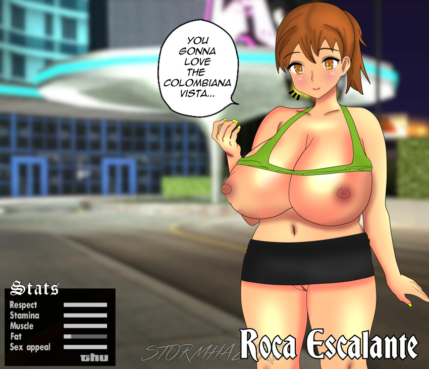 bra brown_hair grand_theft_auto grand_theft_auto:_san_andreas huge_breasts large_breasts microskirt miniskirt nail_polish ponytail prostitute prostitution thick_thighs thighs vhfypro_(grand_theft_auto) yasmina_"vhfypro"_soria