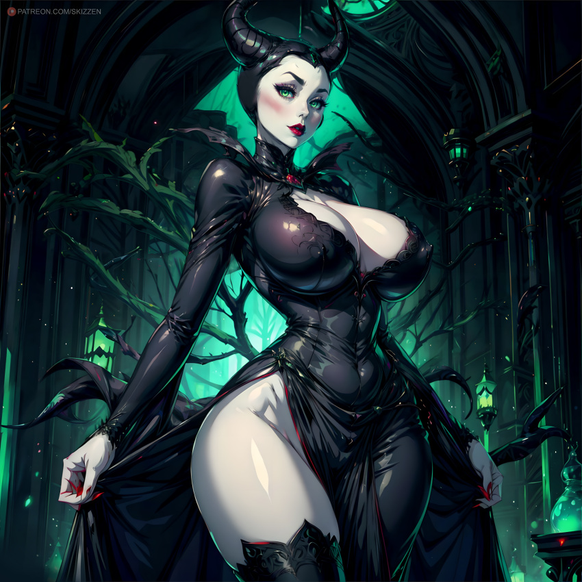 1girls ai_generated big_breasts breasts cleavage disney disney_villains dress female female_only green_eyes horns huge_breasts large_breasts lips lipstick looking_at_viewer maleficent patreon patreon_username skizzen sleeping_beauty_(1959_film) thighhighs villain villainess wide_hips witch